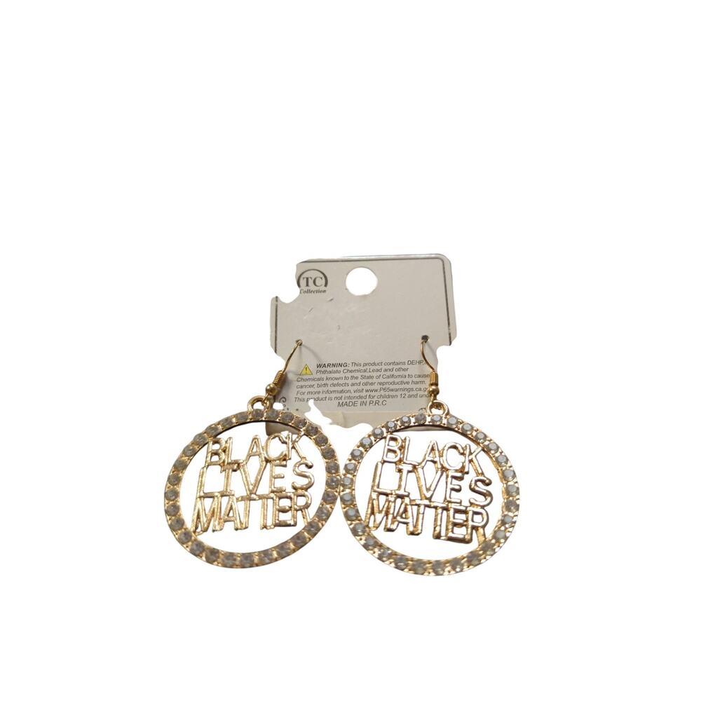 TC collection Black Lives Matter gold and white rhinestone earrings